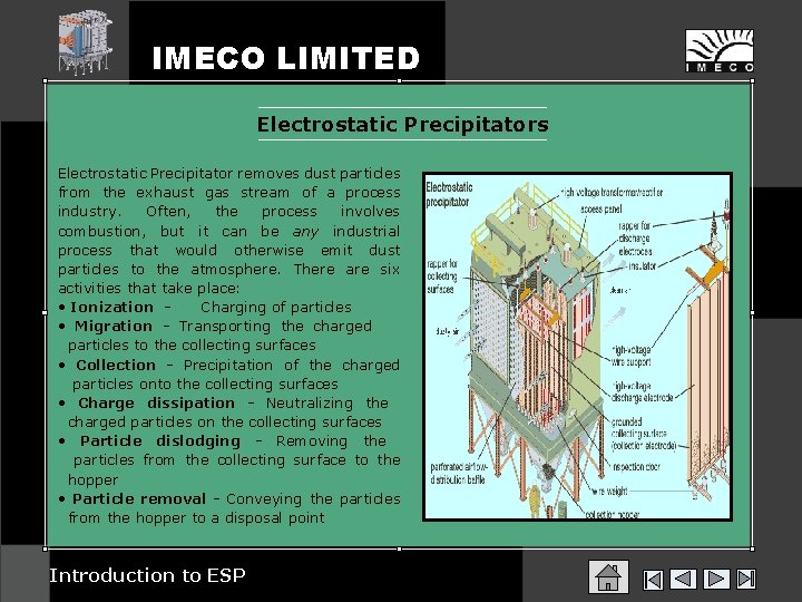 IMECO LIMITED Electrostatic Precipitators Electrostatic Precipitator removes dust particles from the exhaust gas stream