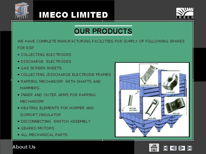 IMECO LIMITED OUR PRODUCTS WE HAVE COMPLETE MANUFACTURING FACILITIES FOR SUPPLY OF FOLLOWING SPARES