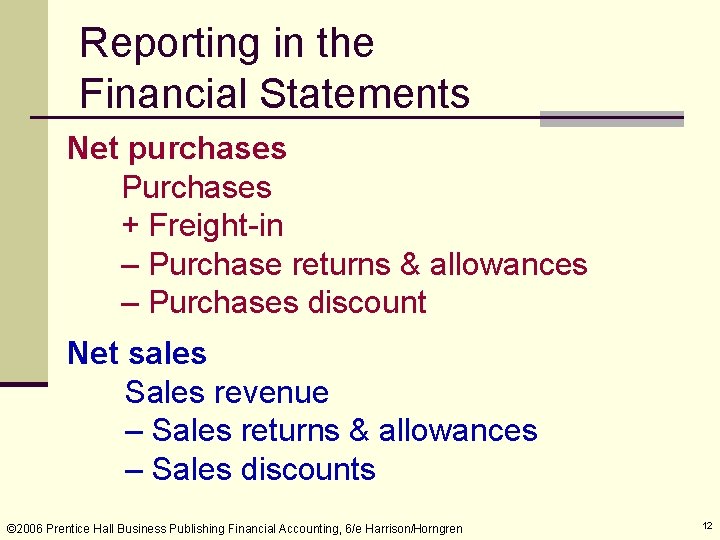 Reporting in the Financial Statements Net purchases Purchases + Freight-in – Purchase returns &