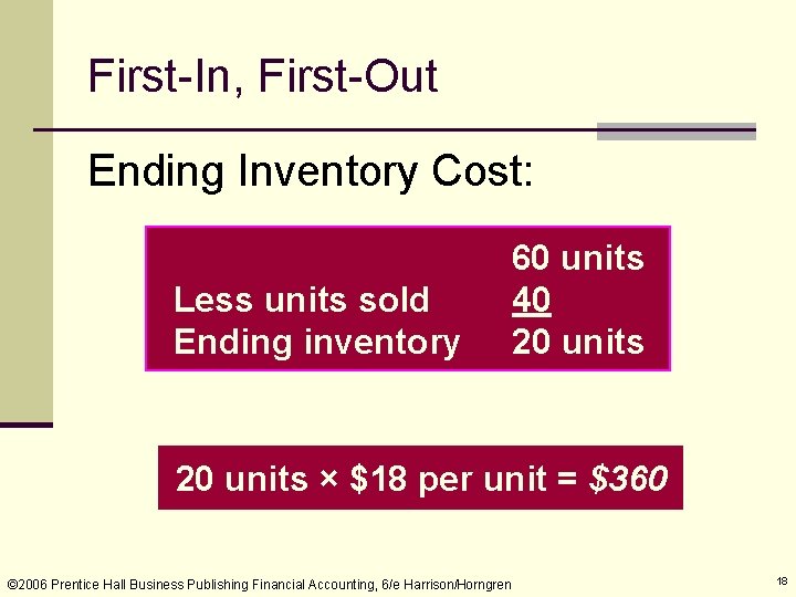 First-In, First-Out Ending Inventory Cost: Less units sold Ending inventory 60 units 40 20