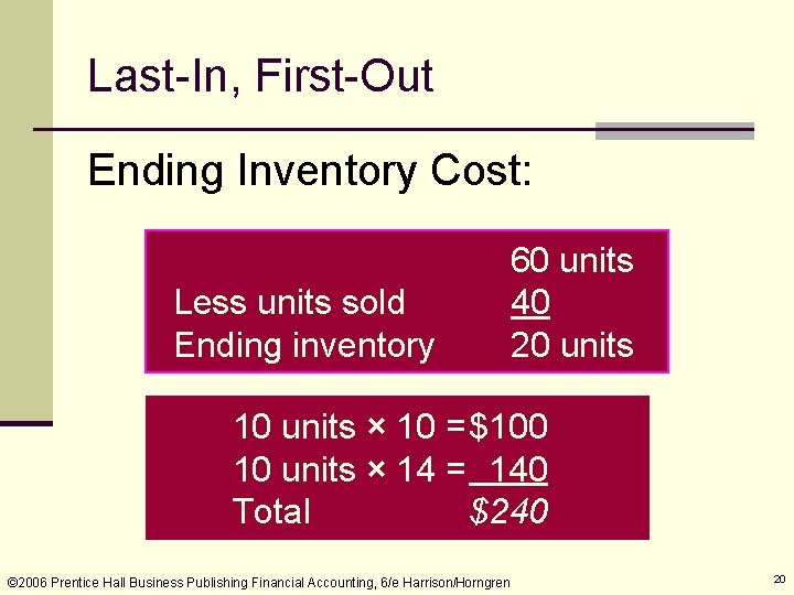 Last-In, First-Out Ending Inventory Cost: Less units sold Ending inventory 60 units 40 20