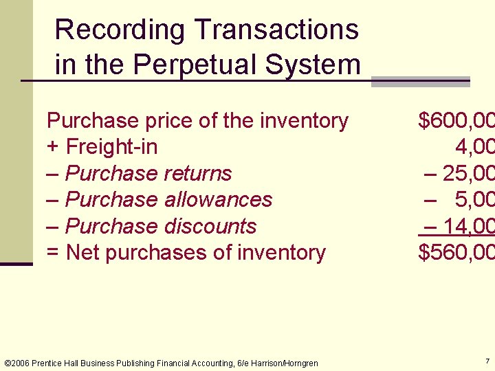 Recording Transactions in the Perpetual System Purchase price of the inventory + Freight-in –