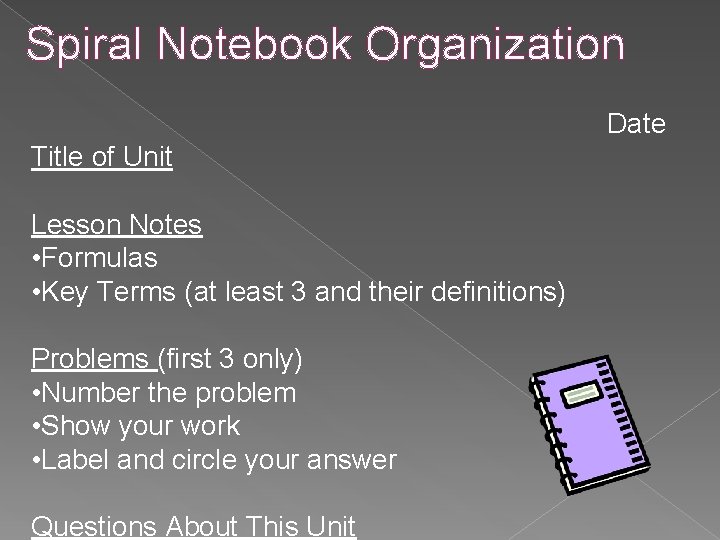 Spiral Notebook Organization Date Title of Unit Lesson Notes • Formulas • Key Terms