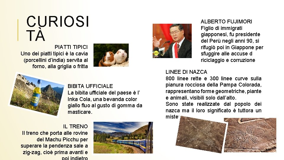 CURIOSI TÀ PIATTI TIPICI Uno dei piatti tipici è la cavia (porcellini d’india) servita