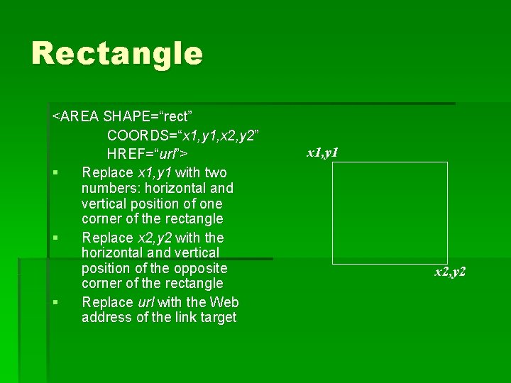 Rectangle <AREA SHAPE=“rect” COORDS=“x 1, y 1, x 2, y 2” HREF=“url”> § Replace