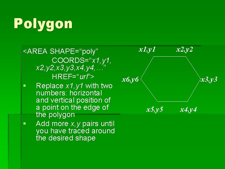Polygon x 1, y 1 <AREA SHAPE=“poly” COORDS=“x 1, y 1, x 2, y