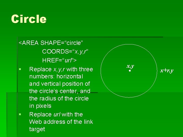 Circle <AREA SHAPE=“circle” COORDS=“x, y, r” HREF=“url”> § Replace x, y, r with three