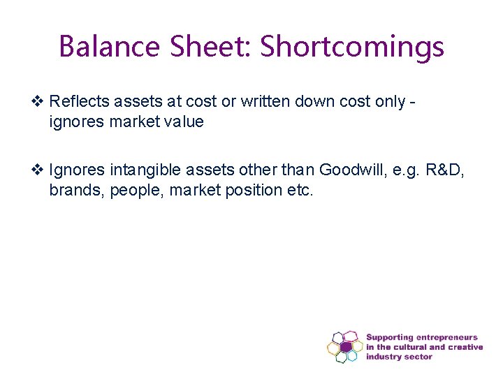 Balance Sheet: Shortcomings v Reflects assets at cost or written down cost only ignores