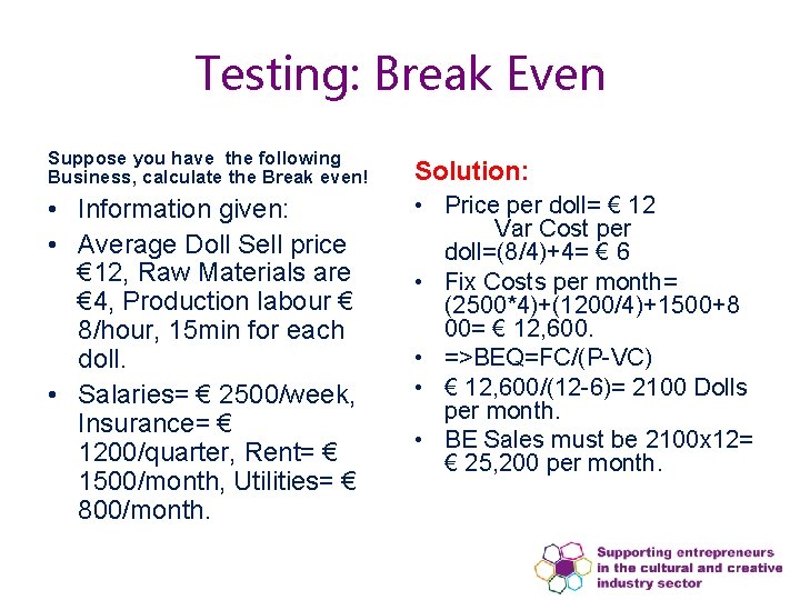 Testing: Break Even Suppose you have the following Business, calculate the Break even! Solution: