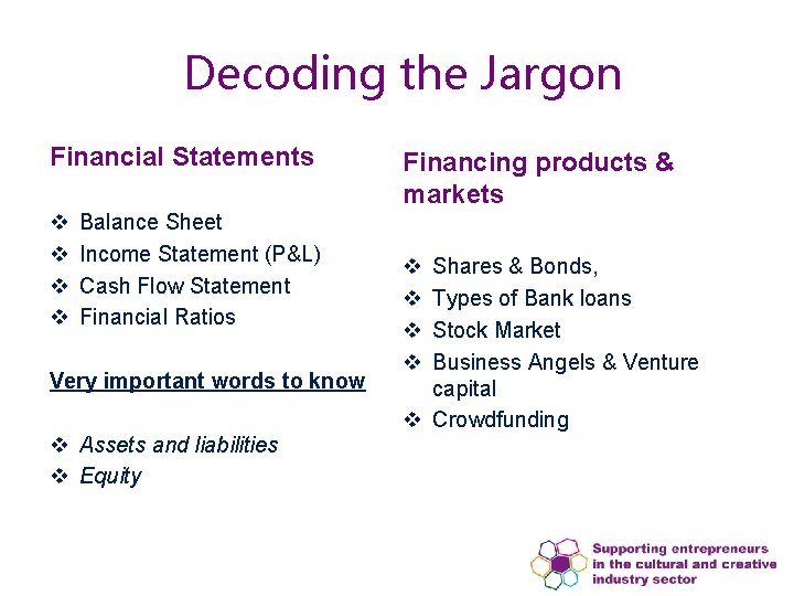 Decoding the Jargon Financial Statements v v Balance Sheet Income Statement (P&L) Cash Flow