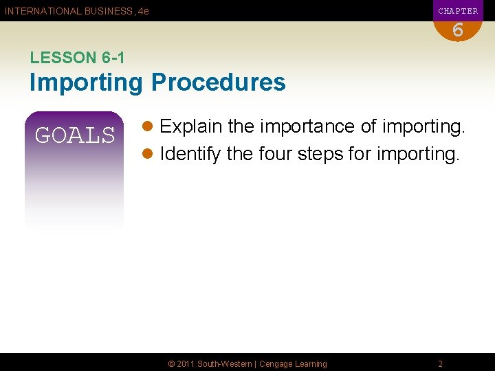 CHAPTER INTERNATIONAL BUSINESS, 4 e 6 LESSON 6 -1 Importing Procedures GOALS l Explain