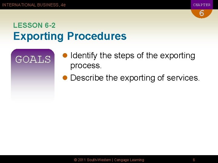 CHAPTER INTERNATIONAL BUSINESS, 4 e 6 LESSON 6 -2 Exporting Procedures GOALS l Identify