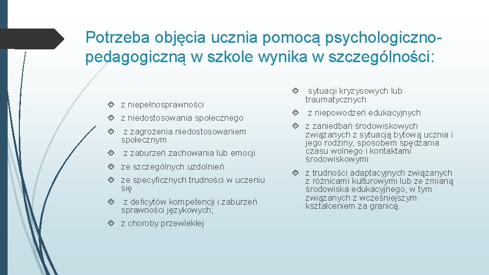 Potrzeba objęcia ucznia pomocą psychologicznopedagogiczną w szkole wynika w szczególności: z niepełnosprawności z niedostosowania