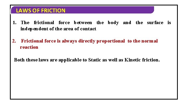 LAWS OF FRICTION 1. The frictional force between the body and the surface is