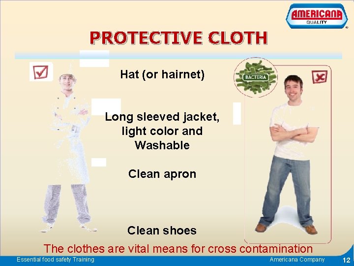 PROTECTIVE CLOTH Hat (or hairnet) Long sleeved jacket, light color and Washable Clean apron