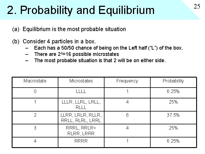 25 2. Probability and Equilibrium (a) Equilibrium is the most probable situation (b) Consider