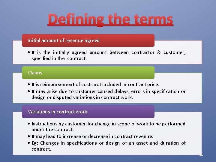 Defining the terms Initial amount of revenue agreed • It is the initially agreed