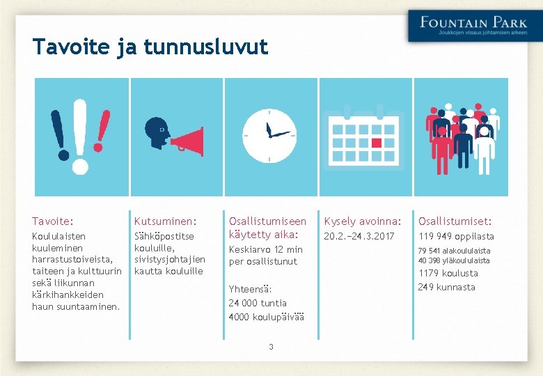 Tavoite ja tunnusluvut Tavoite: Kutsuminen: Koululaisten kuuleminen harrastustoiveista, taiteen ja kulttuurin sekä liikunnan kärkihankkeiden