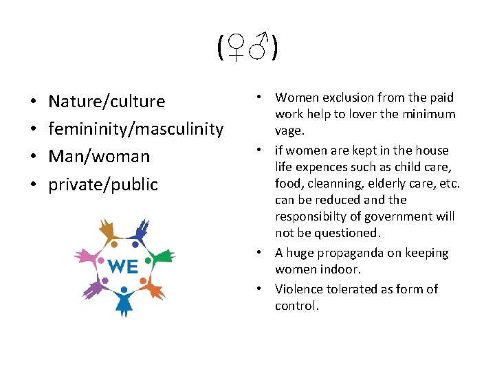 (♀♂) • • Nature/culture femininity/masculinity Man/woman private/public • Women exclusion from the paid work