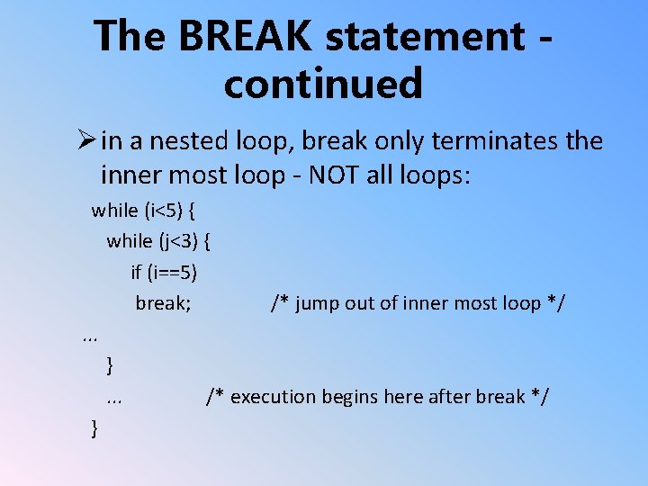 The BREAK statement continued Ø in a nested loop, break only terminates the inner
