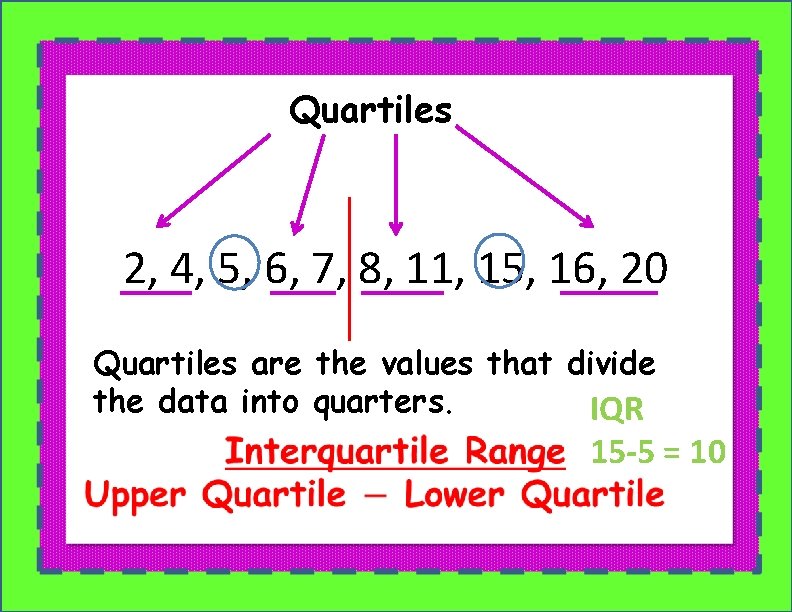 Quartiles 2, 4, 5, 6, 7, 8, 11, 15, 16, 20 Quartiles are the