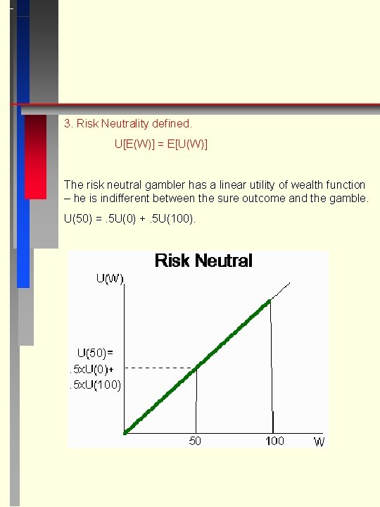 3. Risk Neutrality defined. U[E(W)] = E[U(W)] The risk neutral gambler has a linear