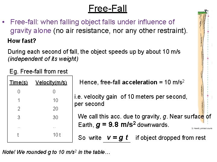 Free-Fall • Free-fall: when falling object falls under influence of gravity alone (no air