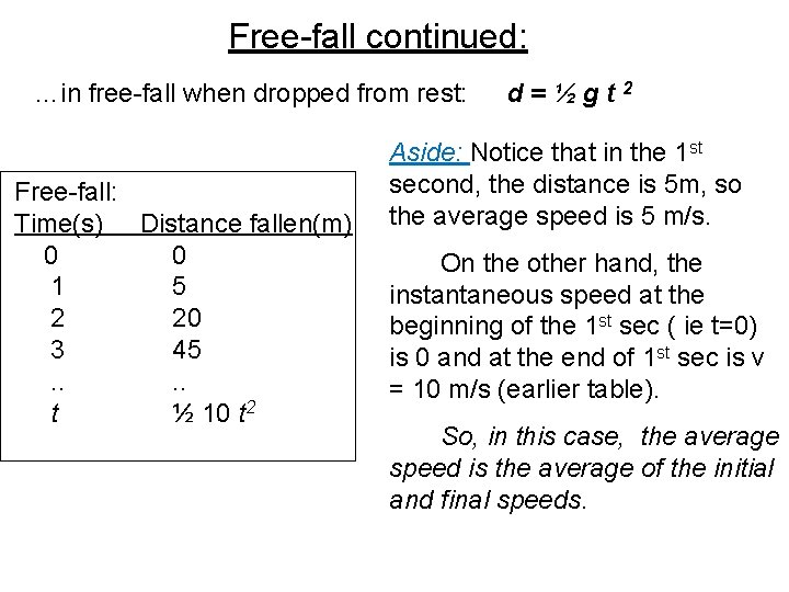 Free-fall continued: …in free-fall when dropped from rest: Free-fall: Time(s) Distance fallen(m) 0 0