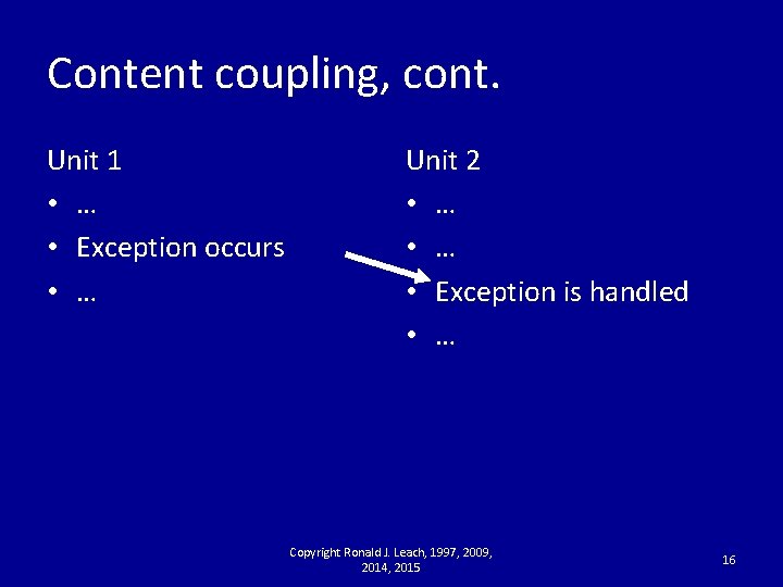 Content coupling, cont. Unit 1 • … • Exception occurs • … Unit 2