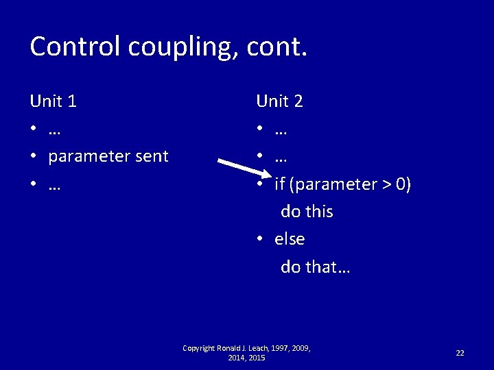 Control coupling, cont. Unit 1 • … • parameter sent • … Unit 2