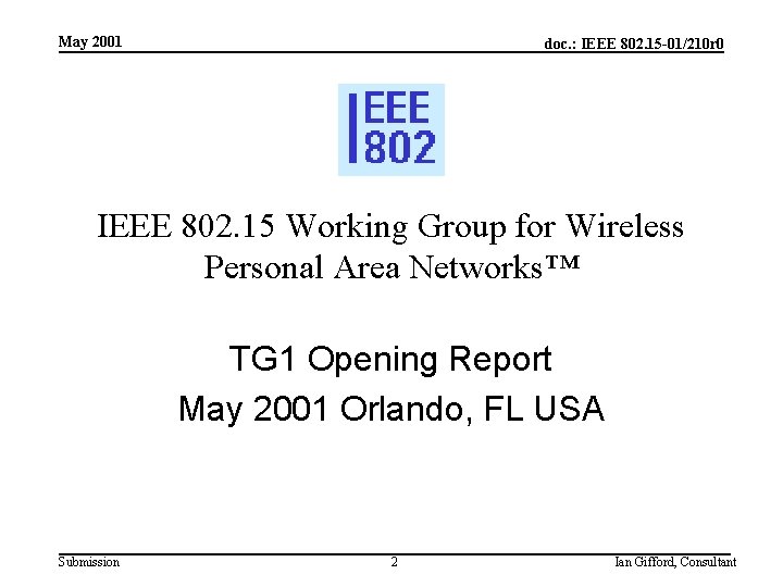 May 2001 doc. : IEEE 802. 15 -01/210 r 0 IEEE 802. 15 Working