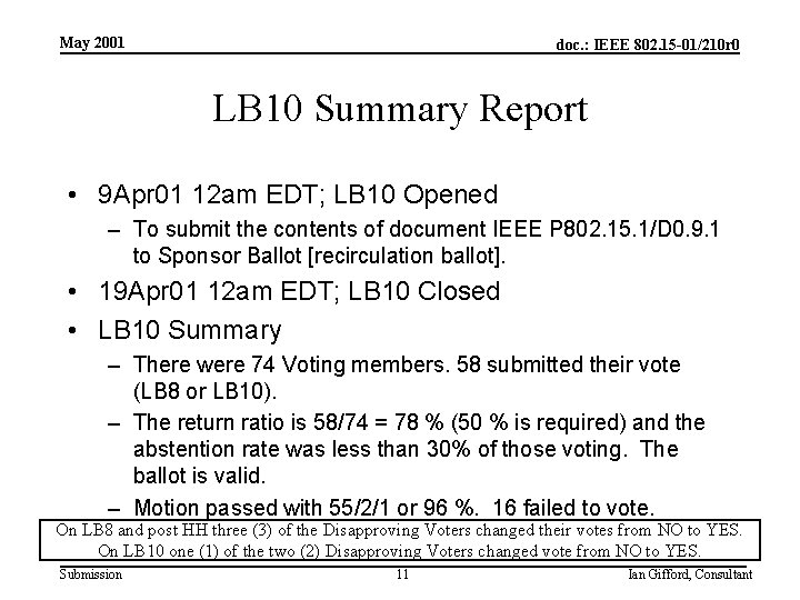May 2001 doc. : IEEE 802. 15 -01/210 r 0 LB 10 Summary Report