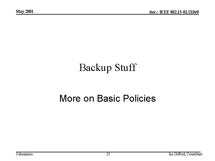 May 2001 doc. : IEEE 802. 15 -01/210 r 0 Backup Stuff More on