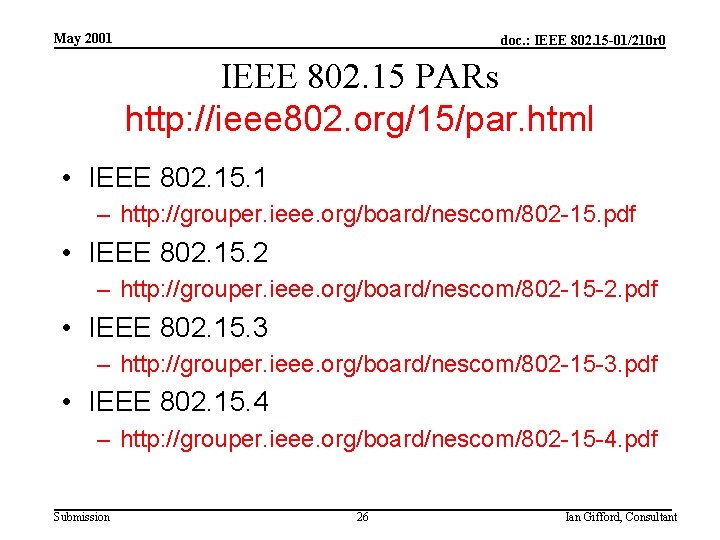 May 2001 doc. : IEEE 802. 15 -01/210 r 0 IEEE 802. 15 PARs