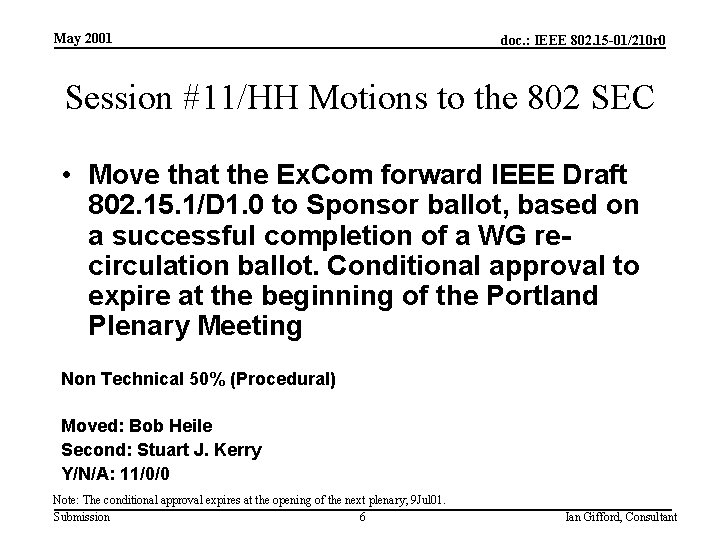 May 2001 doc. : IEEE 802. 15 -01/210 r 0 Session #11/HH Motions to