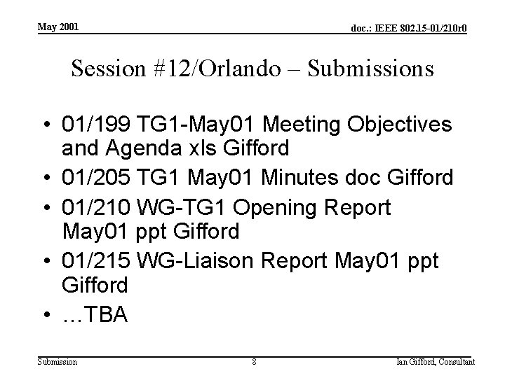 May 2001 doc. : IEEE 802. 15 -01/210 r 0 Session #12/Orlando – Submissions