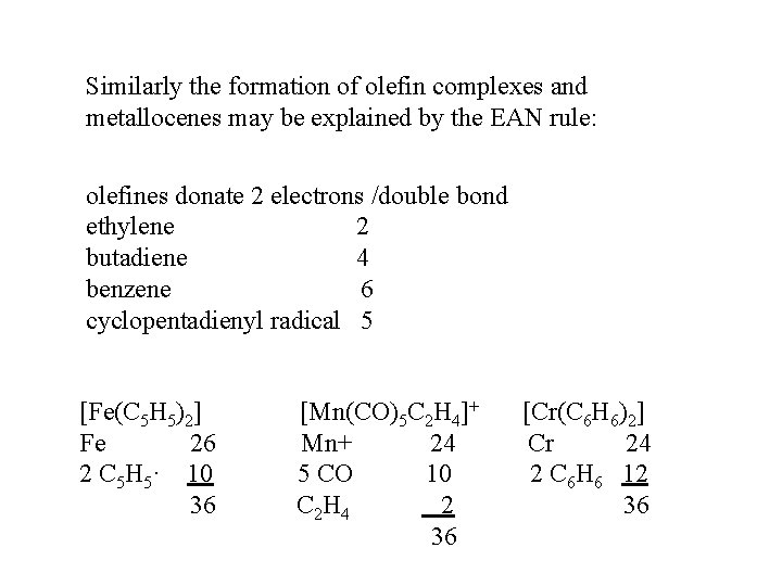 Similarly the formation of olefin complexes and metallocenes may be explained by the EAN