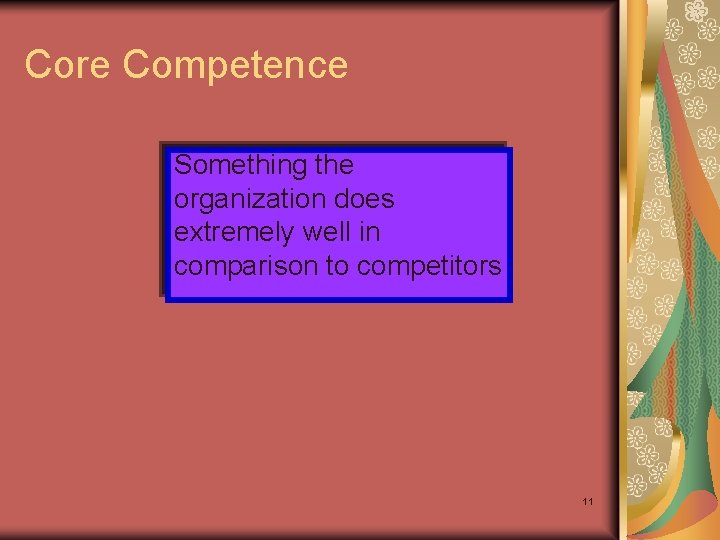 Core Competence Something the organization does extremely well in comparison to competitors 11 