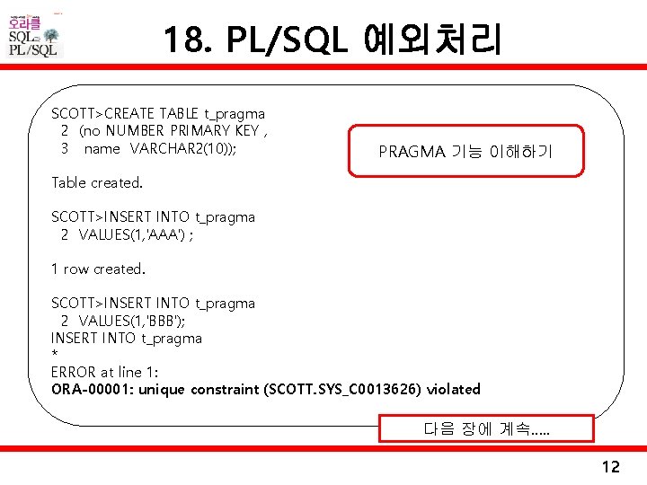 18. PL/SQL 예외처리 SCOTT>CREATE TABLE t_pragma 2 (no NUMBER PRIMARY KEY , 3 name