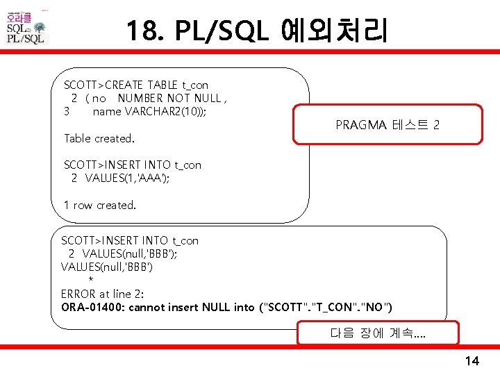 18. PL/SQL 예외처리 SCOTT>CREATE TABLE t_con 2 ( no NUMBER NOT NULL , 3