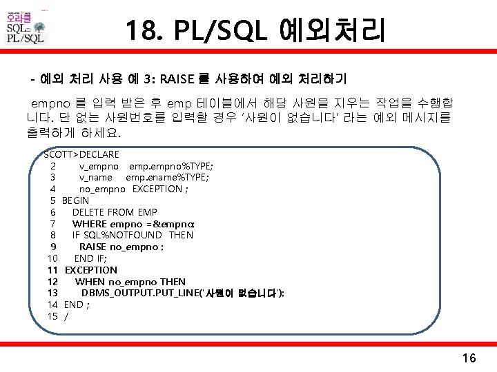 18. PL/SQL 예외처리 - 예외 처리 사용 예 3: RAISE 를 사용하여 예외 처리하기