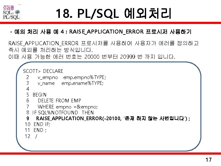 18. PL/SQL 예외처리 - 예외 처리 사용 예 4 : RAISE_APPLICATION_ERROR 프로시저 사용하기 RAISE_APPLICATION_ERROR