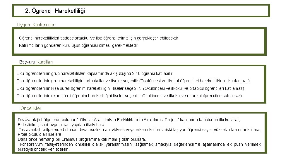 2. Öğrenci Hareketliliği Uygun Katılımcılar Öğrenci hareketlilikleri sadece ortaokul ve lise öğrencilerimiz için gerçekleştirilebilecektir.