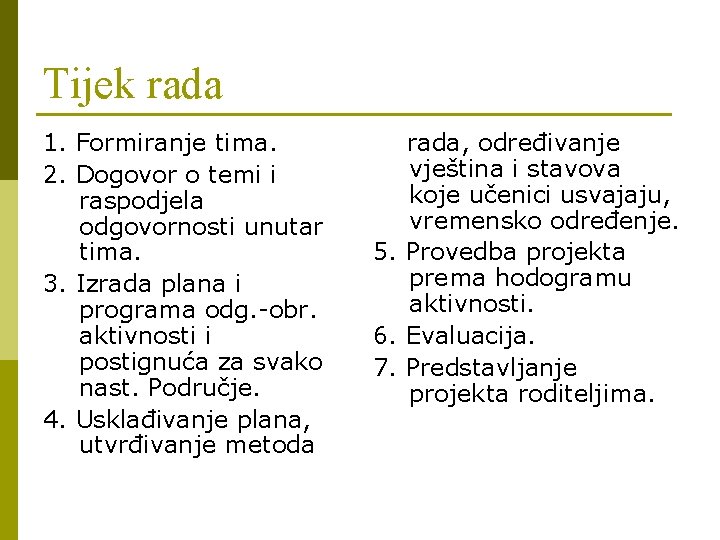 Tijek rada 1. Formiranje tima. 2. Dogovor o temi i raspodjela odgovornosti unutar tima.