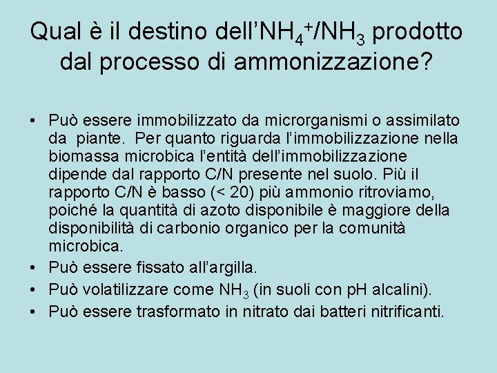 Qual è il destino dell’NH 4+/NH 3 prodotto dal processo di ammonizzazione? • Può