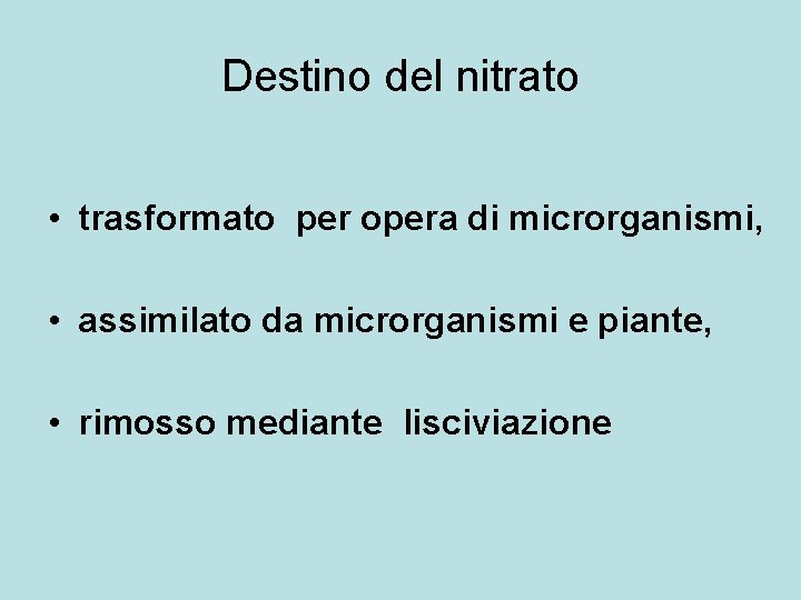 Destino del nitrato • trasformato per opera di microrganismi, • assimilato da microrganismi e
