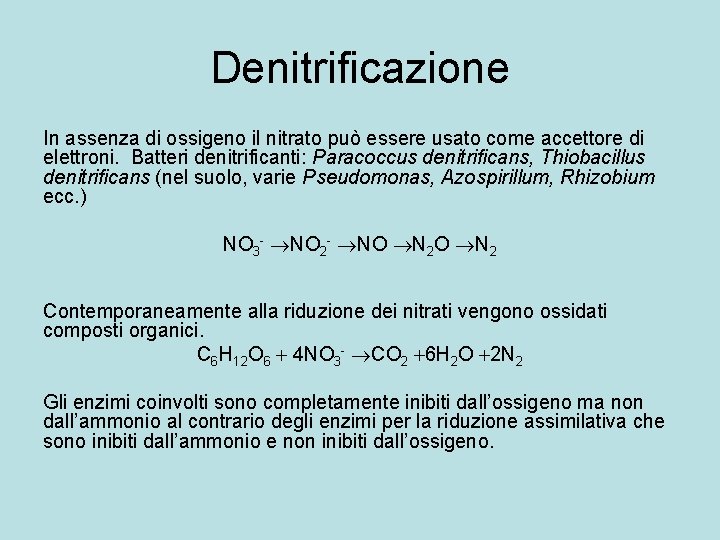 Denitrificazione In assenza di ossigeno il nitrato può essere usato come accettore di elettroni.
