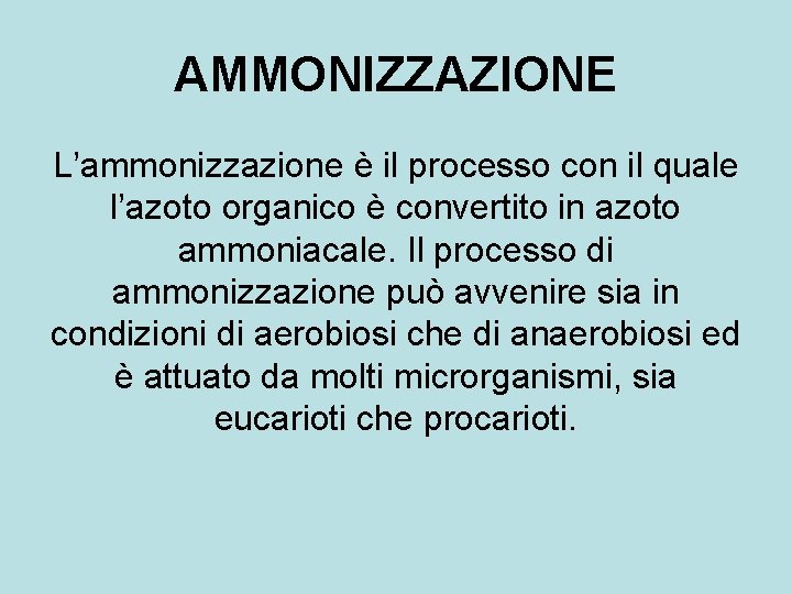 AMMONIZZAZIONE L’ammonizzazione è il processo con il quale l’azoto organico è convertito in azoto