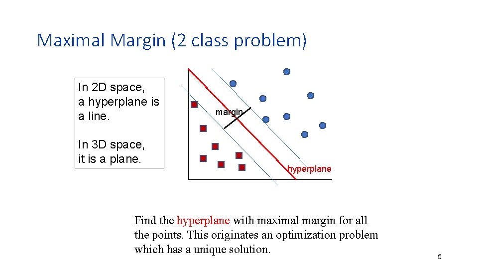Maximal Margin (2 class problem) In 2 D space, a hyperplane is a line.
