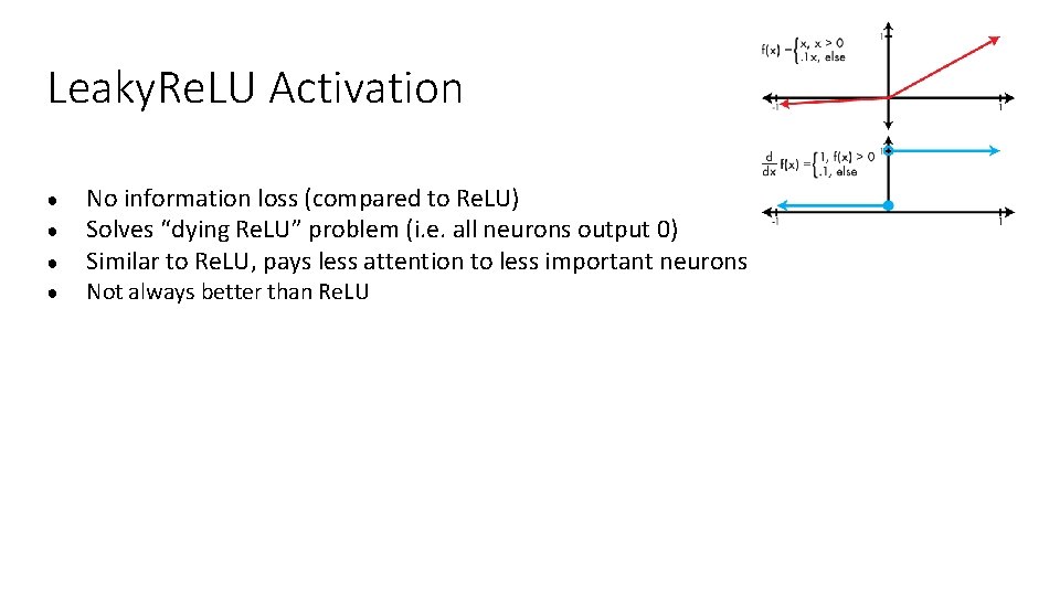 Leaky. Re. LU Activation ● ● No information loss (compared to Re. LU) Solves